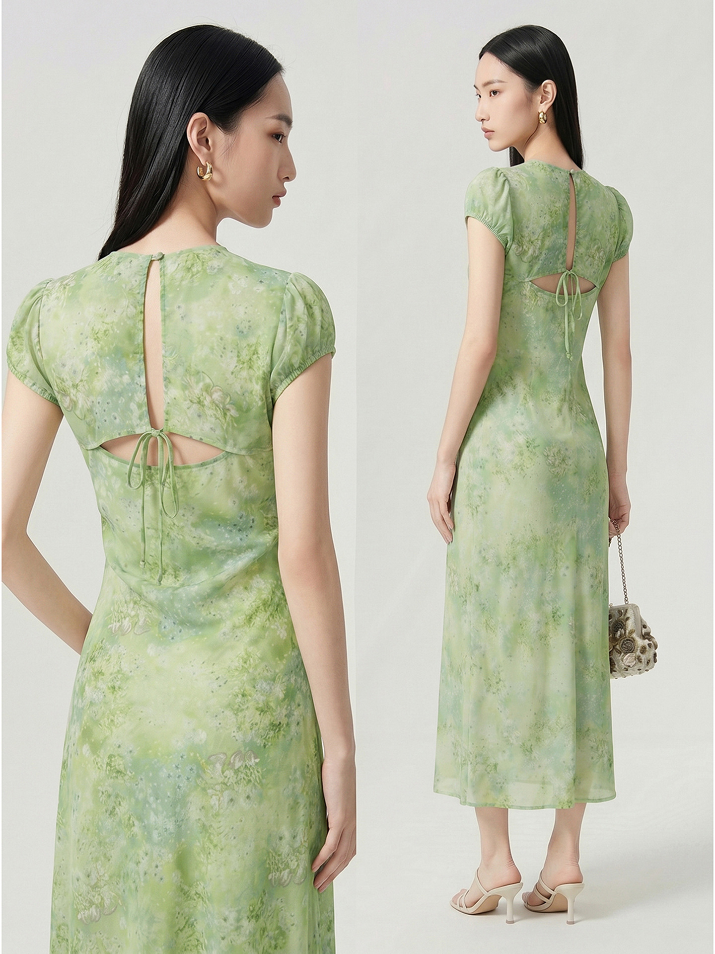 Đầm suông midi họa tiết hoa Monet khoét lưng — màu hồng