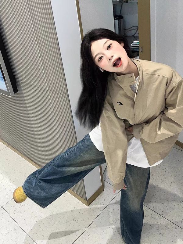 立领夹克初春外套女新款宽松休闲美式复古潮牌情侣款春秋上衣批发|undefined