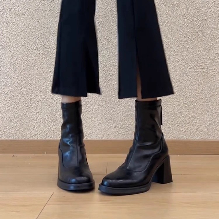 牛皮版~极简新款黑色百搭弹力瘦瘦靴女复古后拉链高跟显瘦小短靴|undefined