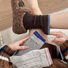 撞色袜子女慵懒风加厚保暖麻花羊毛袜中高筒点子纱复古百搭堆堆袜