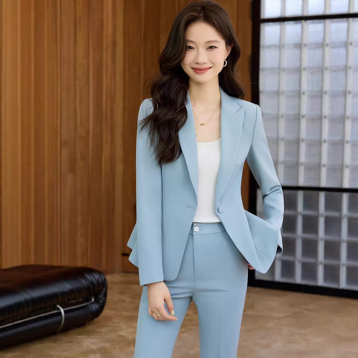 蓝色长袖小西装领外套女裤子秋冬季新款两件套装职业装时尚通勤潮