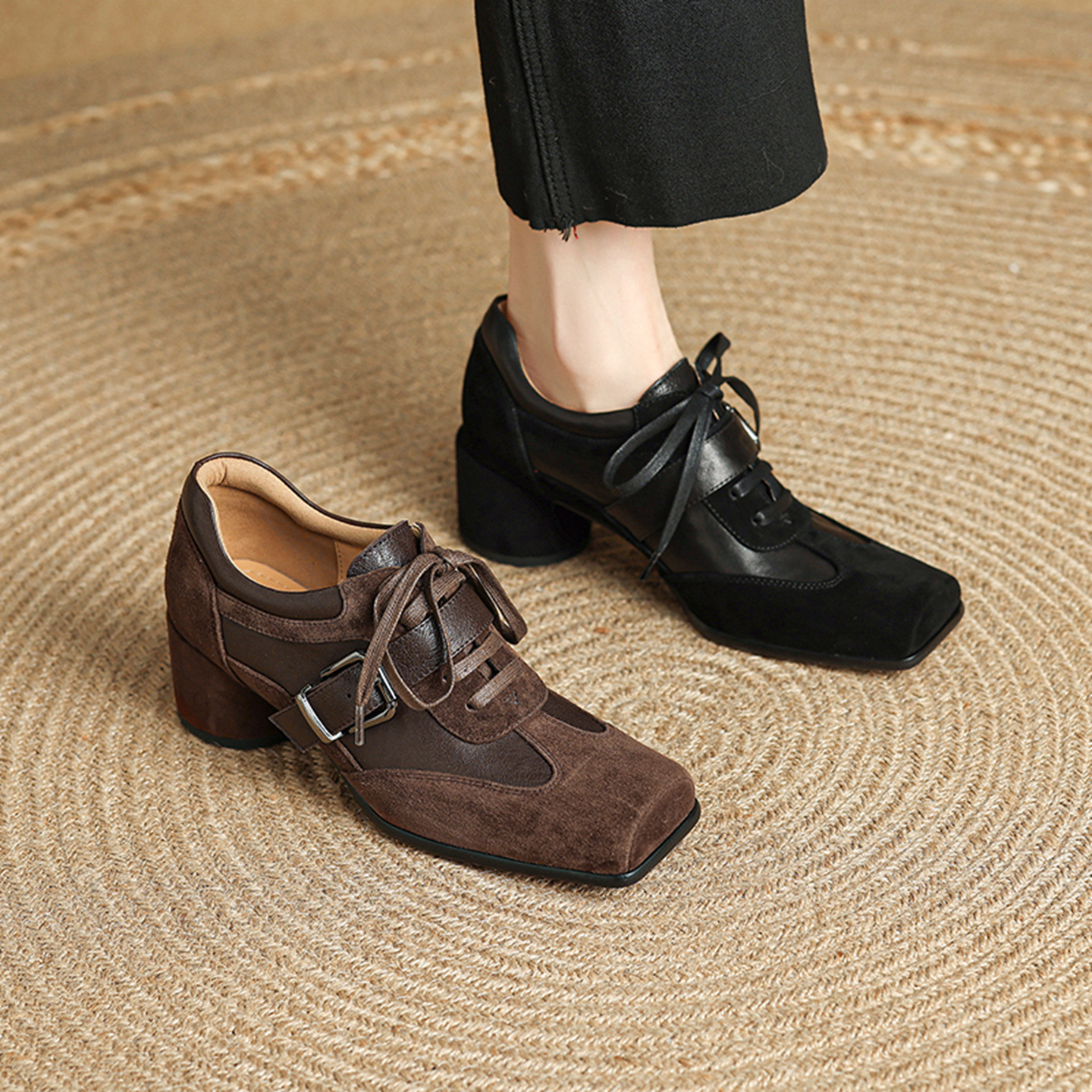 Giày nữ da dê cổ sâu quai ngang mũi vuông kiểu retro Anh — màu nâu