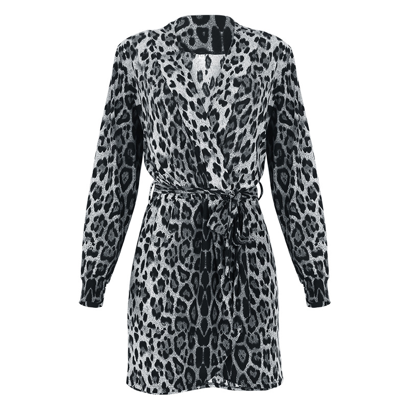 new leopard print long-sleeved V-neck irregular dress NSZH27029