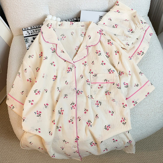 Cross-border summer new cloud cotton short sleeve shorts floral printing comfortable soft can wear suit real shot wholesale