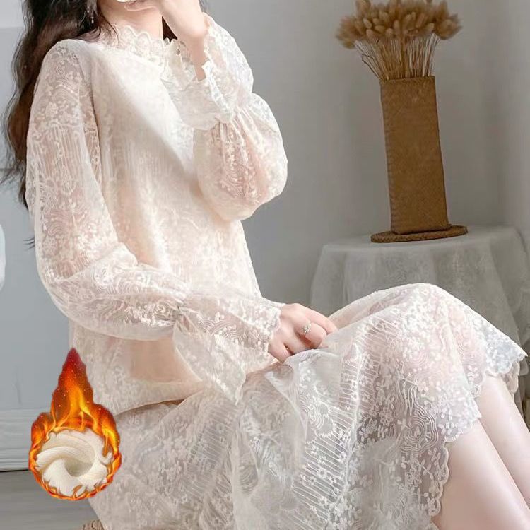仙女气质温柔垂感蕾丝连衣裙秋冬新款中长款加绒内搭长袖打底裙子|undefined