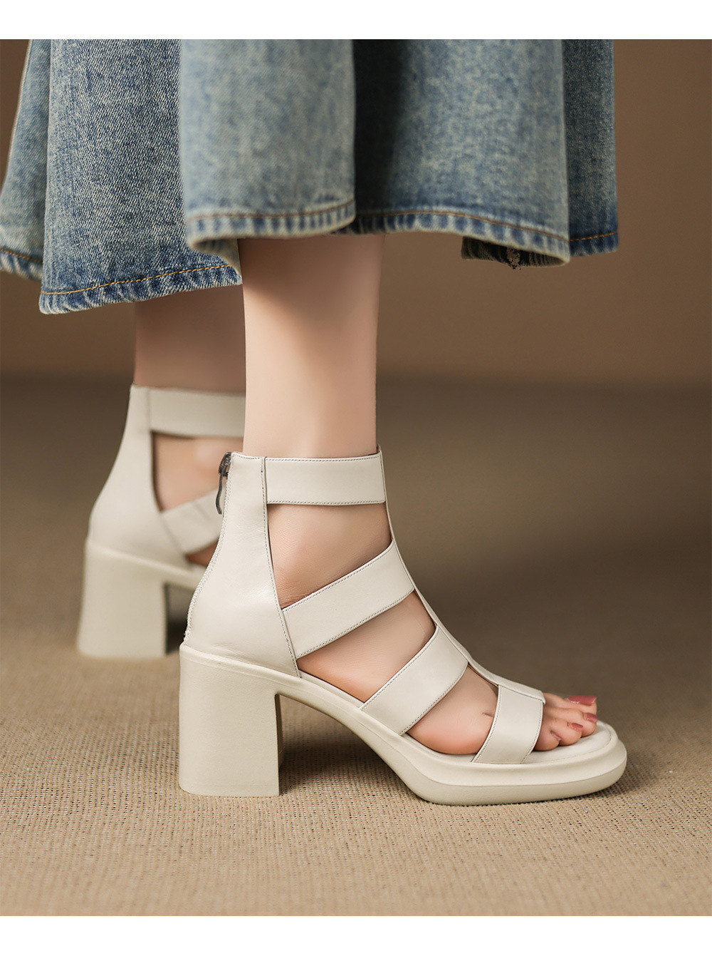 Sandal cao gót nữ mũi vuông hở ngón chân, chất da bò thô, gót 9 cm — đen chi tiết 11