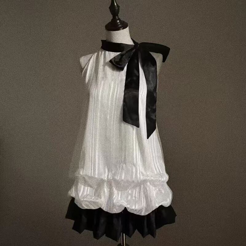 Bow Tie Sleeveless Halterneck Dress for Women Summer Contrasting Color Splicing Loose Skirt Gentle Style A-Line Skirt Bow Tie Sleeveless Halterneck Dress for Women Summer Contrasting Color Splicing Loose Skirt Gentle Style A-Line Skirt