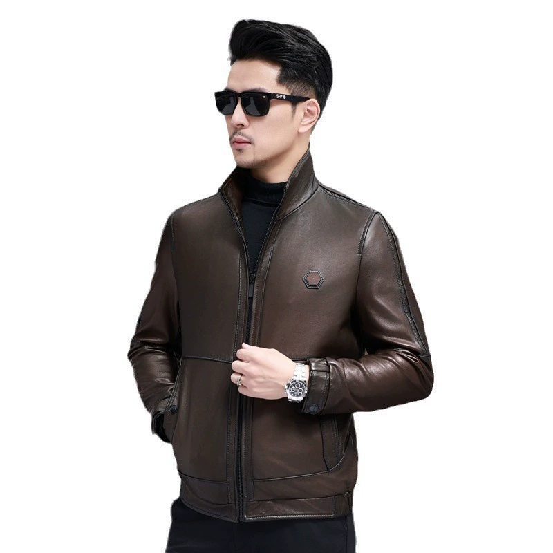 Two-color short thin jacket for leisure, genuine leather