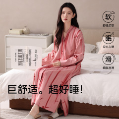 【抗菌莱卡棉】新款女士睡衣春秋季纯棉长袖粉色条纹睡裙家居服潮