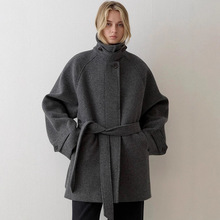 韩国fac*ade pat*tern复古松弛感立领绑带中长款羊毛毛呢大衣秋冬