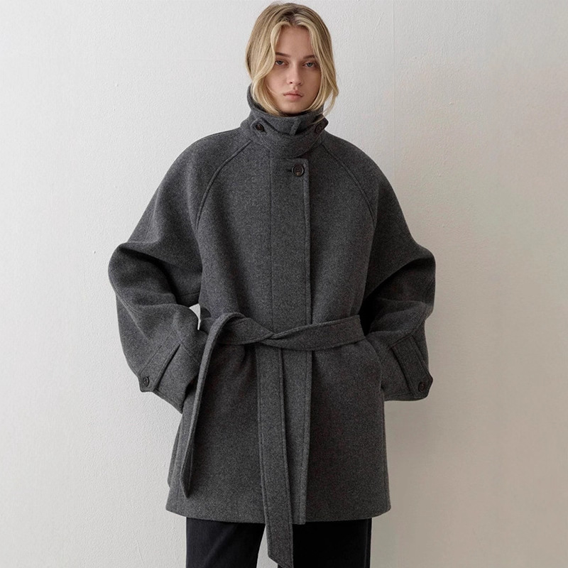 In Stock~ Korean Dongdaemun Fp Life-Style Coat, Retro Loose Stand-Up Collar, Tie-Up Mid-Length Woolen Coat for Spring