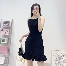 南油高端女装重工钉珠法式名媛连衣裙女性感无袖丝绒针织吊带短裙