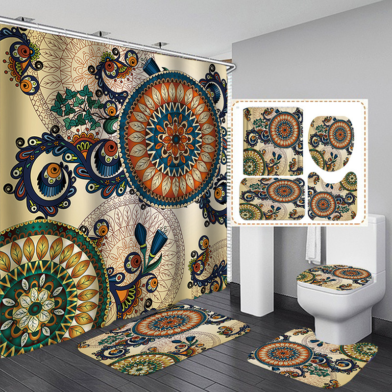 Venta caliente de Amazon Cortina de ducha de baño bohemia Tela de cortina de baño impermeable Juego de cuatro piezas Gran cantidad y excelente precio