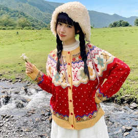 新年红色氛围感宽松开衫毛衣女2025秋冬季新款圣诞费尔岛针织外套