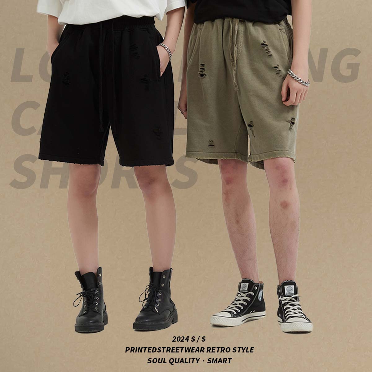 Shorts Casuales Holgados para Hombre de 100% Algodón con Efecto Desgastado