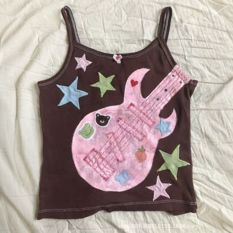 Rock New Gothic Fashion Y2K Street Style Vest Top with Music Retro Graffiti Guitar Print Cross-Border Women's Clothing
