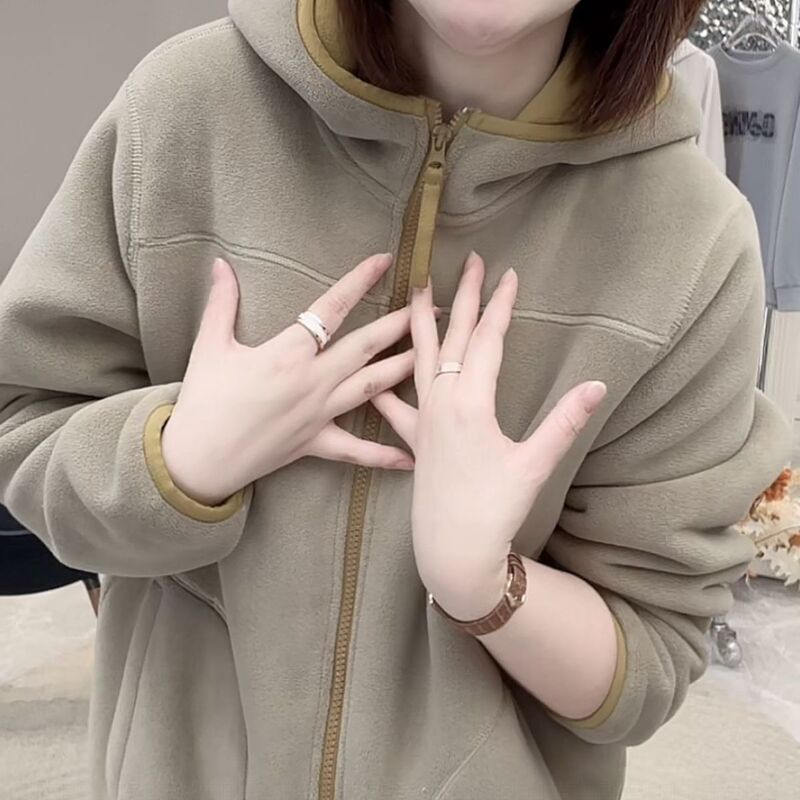 New Thickened Winter Fleece Hooded Windproof Warm Comfortable Versatile Jacket Fashion Small Cardigan Alpaca Wool