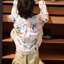 韩版童装男女童涂鸦花色衬衫2024春夏新款儿童洋气衬衣外套潮