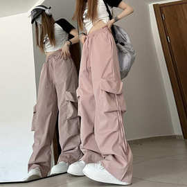 美式潮流复古速干工装休闲裤女夏季高腰直筒飘带宽松拖地阔腿长裤