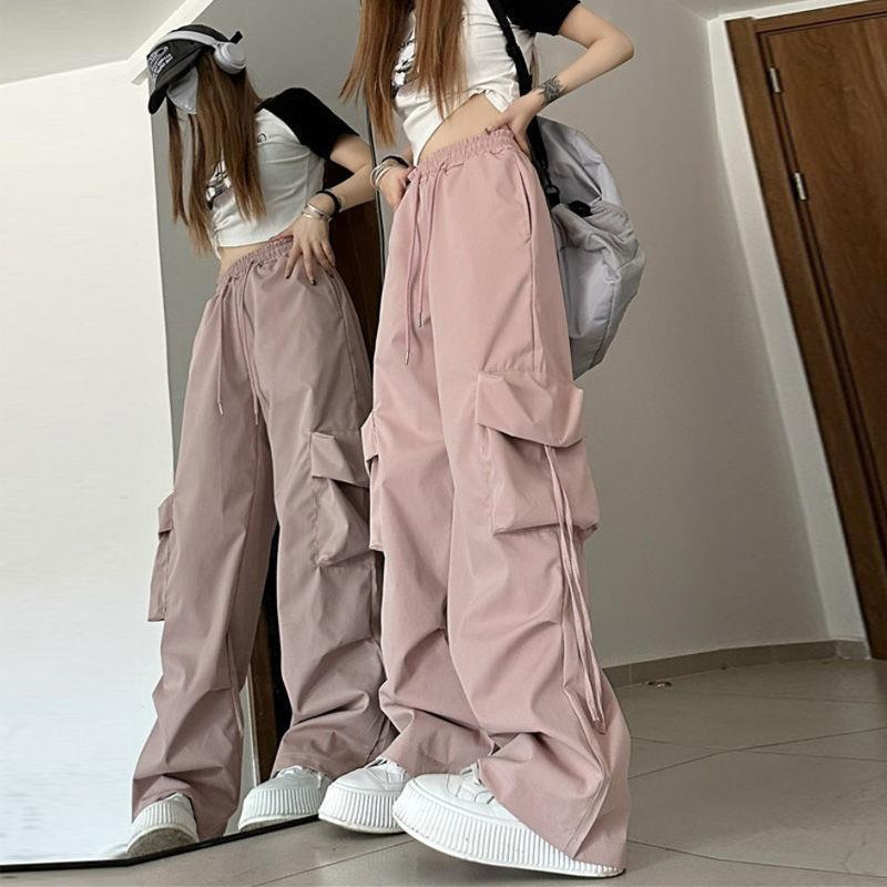 American Trendy Retro Quick-Drying Workwear Casual Pants for Women Summer High-Waisted Straight Ribbon Loose Floor-Length Wide-Leg Trousers
