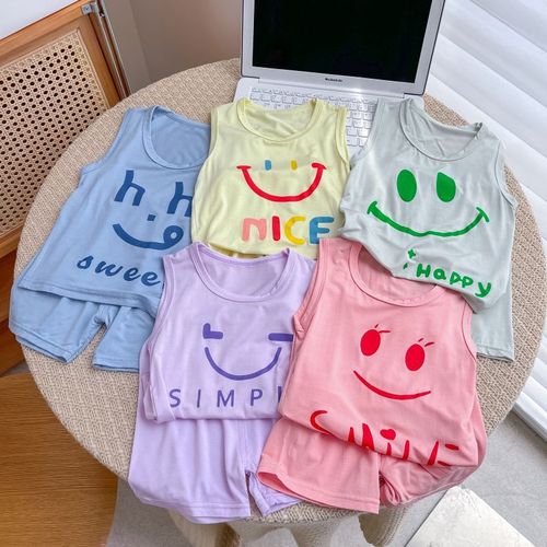 2024 summer new children's vest shorts modal thin cool Korean style printed sleeveless suit for boys and girls