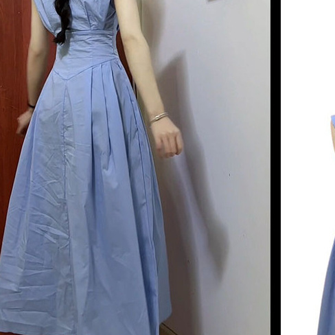 法式气质蓝色衬衫连衣裙子夏季女装2024早春季新款小个子收腰长裙
