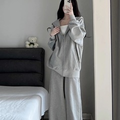 胖mm300斤灰色休闲运动服套装女秋冬季韩版卫衣卫裤慵懒风两件套
