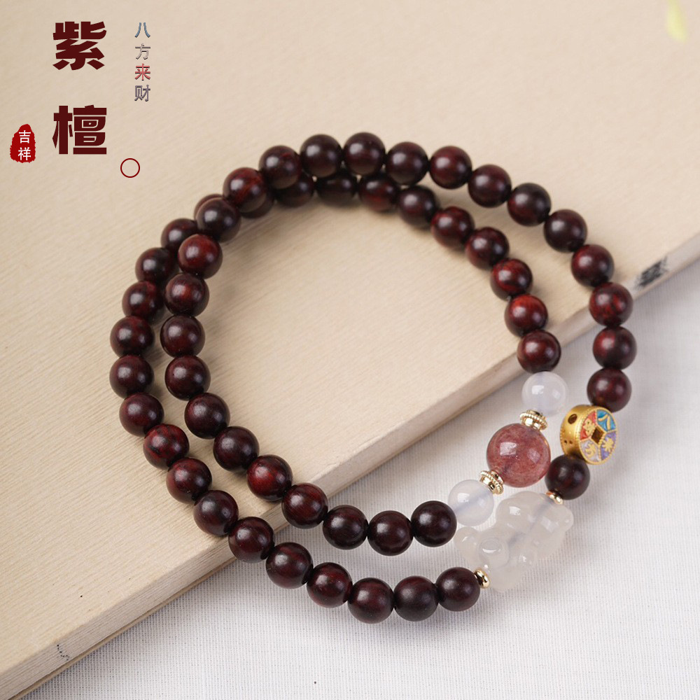 Lobular red sandalwood from all directions to play Buddha beads bracelet Hetian jade bear multi-circle wooden bracelet for men and women wholesale