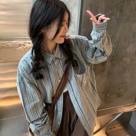 复古小众新款秋季叠穿百搭显瘦条纹衬衫学院风外套女宽松长袖衬衣