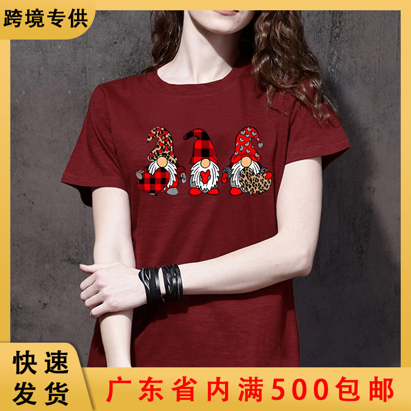 Amazon Cross-border Supply Europe and the United States Leopard Plaid Santa Claus Print Short-sleeved T-shirt Loose plus size Summer Amazon Cross-border Supply Europe and the United States Leopard Plaid Santa Claus Print Short-sleeved T-shirt Loose plus size Summer