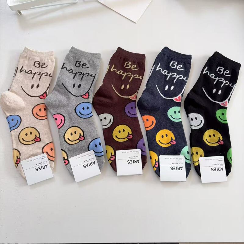 Korean Socks Wholesale Dongdaemun Smiley Face Tongue-Out Emoji Colorful College Style Women's Socks Casual Mid-Calf Socks Cotton Socks