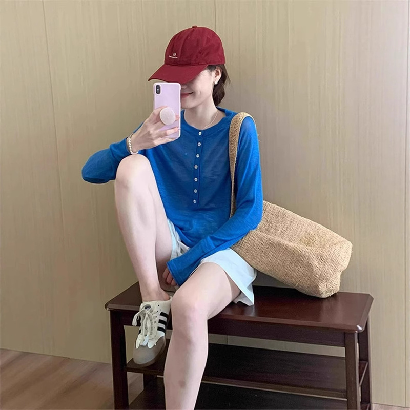 Klein Blue Tulle Sun Protection Blouse for Women Summer Thin Outer Wear Ice Silk Long-Sleeved T-Shirt Outer Top