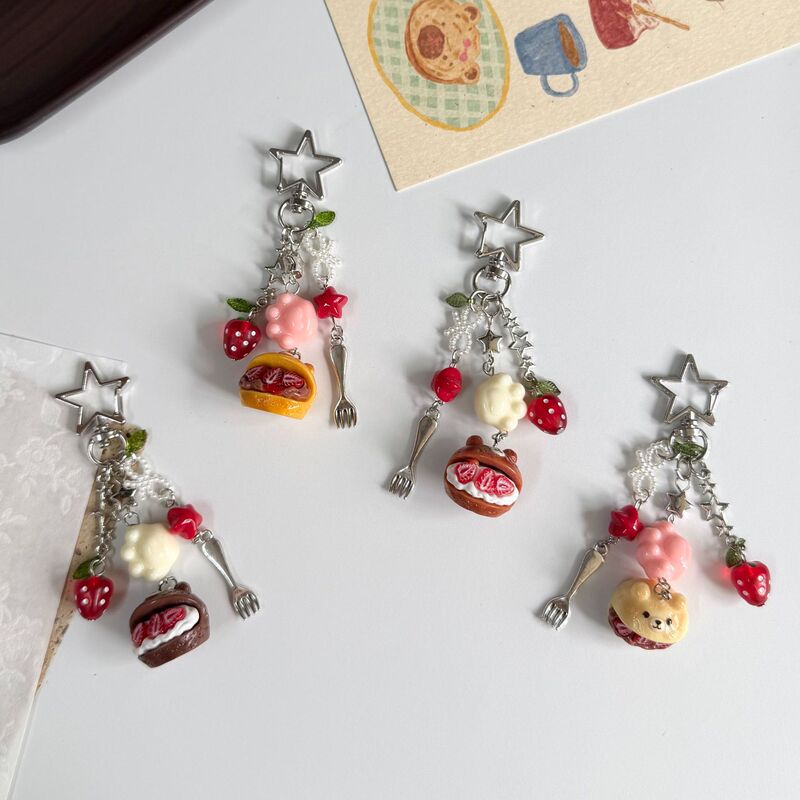 【Little Bear Strawberry】Ins Style Y2K Texture Sweet and Cute Little Bear Strawberry Keychain Phone Charm Cake