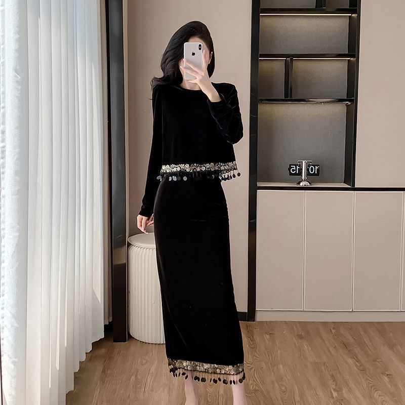 秋冬新款感丝绒时尚两件套气质亮片拼接流苏上衣半身裙套装女|undefined