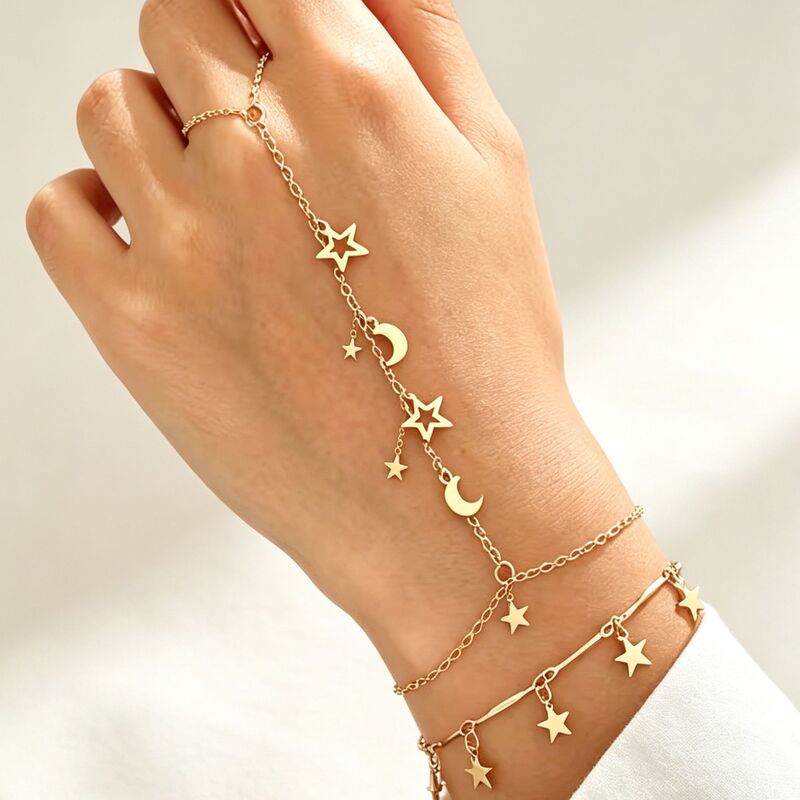 European and American cross-border gold moon and star pendant bracelet ins-style finger chain set double-layer simple jewelry