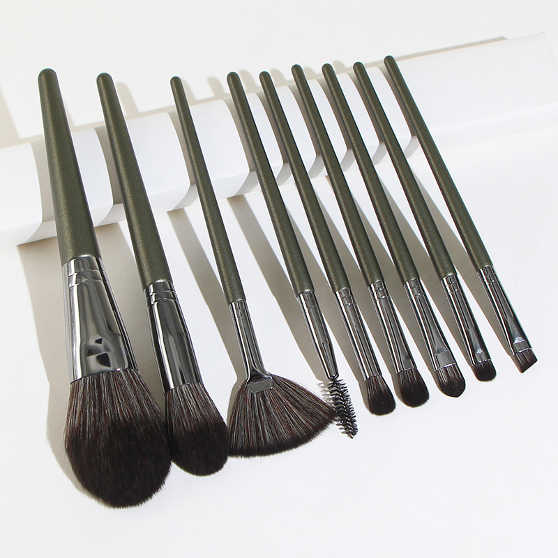 Simple 9-piece Dark Green Wooden Handle Makeup Brushes  Set display picture 2