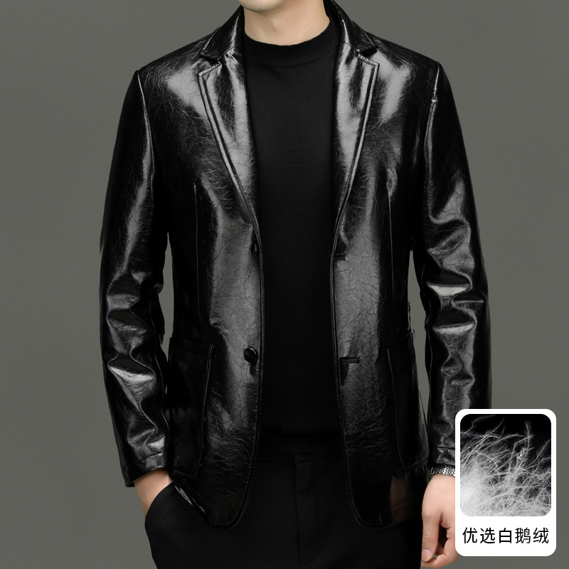 海宁皮衣男秋冬新款绵羊皮西装商务休闲皮夹克鹅绒内胆加厚外套男