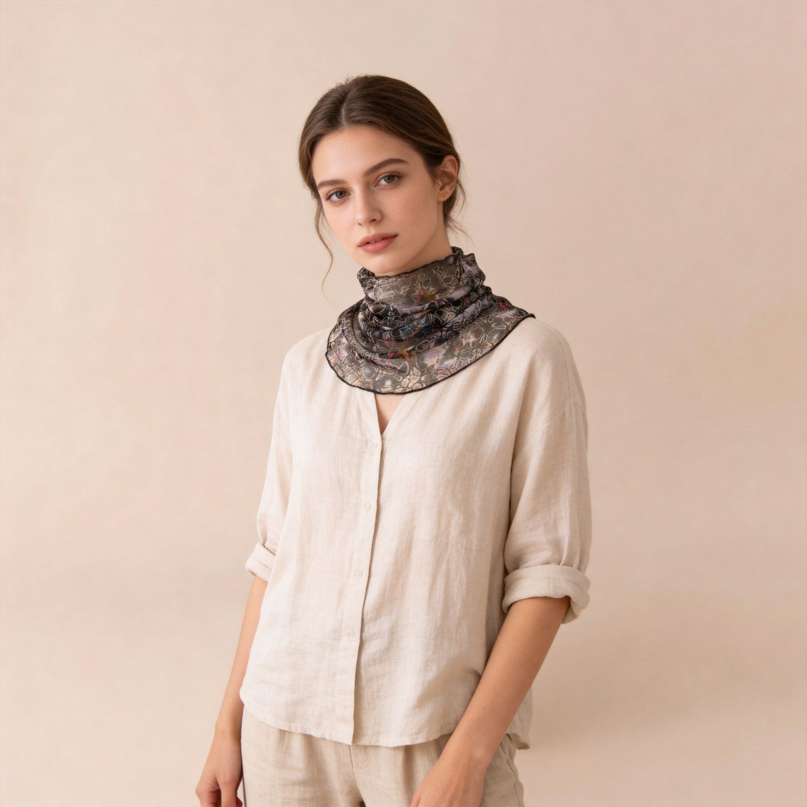 Cross-Border European and American Style Printed Sun Protection Neck Gaiter Knitted Silk Scarf for Women, Sunshade Mesh Fake Collar