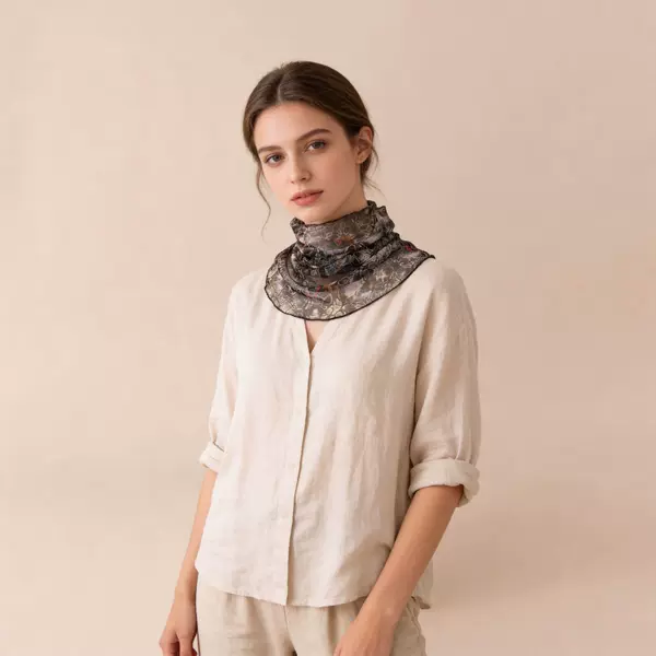 Cross-Border European and American Style Printed Sun Protection Neck Gaiter Knitted Silk Scarf for Women, Sunshade Mesh Fake Collar