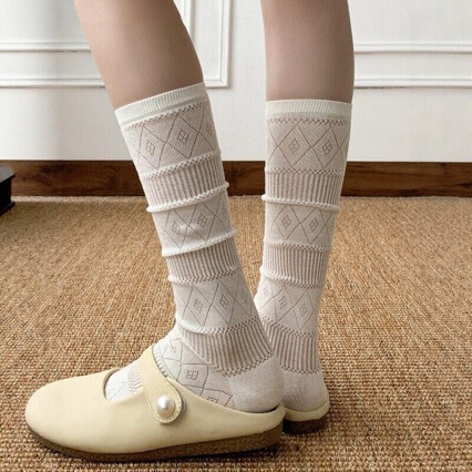 Ballet-Style Diamond-Patterned Stacked Calf Socks for Women, Pure Cotton, Thin Summer Style, Hollow Mesh, Breathable Jk Long Socks Ballet-Style Diamond-Patterned Stacked Calf Socks for Women, Pure Cotton, Thin Summer Style, Hollow Mesh, Breathable Jk Long Socks