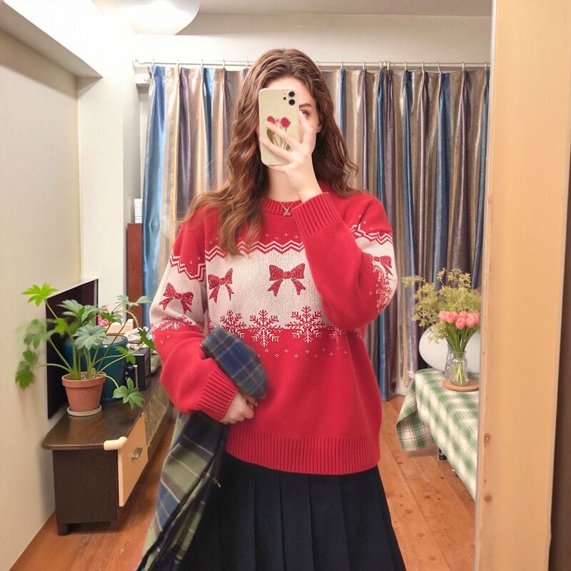 European and American autumn/winter knitted sweaters, featuring embroidered and sequined designs, new Christmas red sweaters, and casual knitted tops with bow details European and American autumn/winter knitted sweaters, featuring embroidered and sequined designs, new Christmas red sweaters, and casual knitted tops with bow details