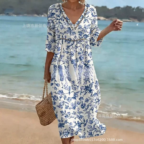 2025 Amazon Women's Summer Bohemian Lantern Sleeve Long Dress Fashion Plus Size Women's Dress