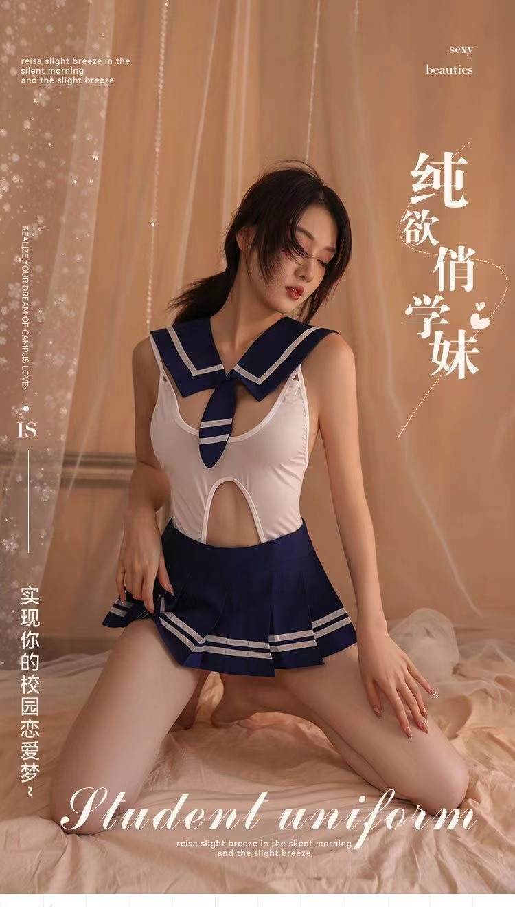 Campus-Style Open-Crotch Lingerie Set with Jumpsuit, Skirt, Tie and Student Socks — detail image 2