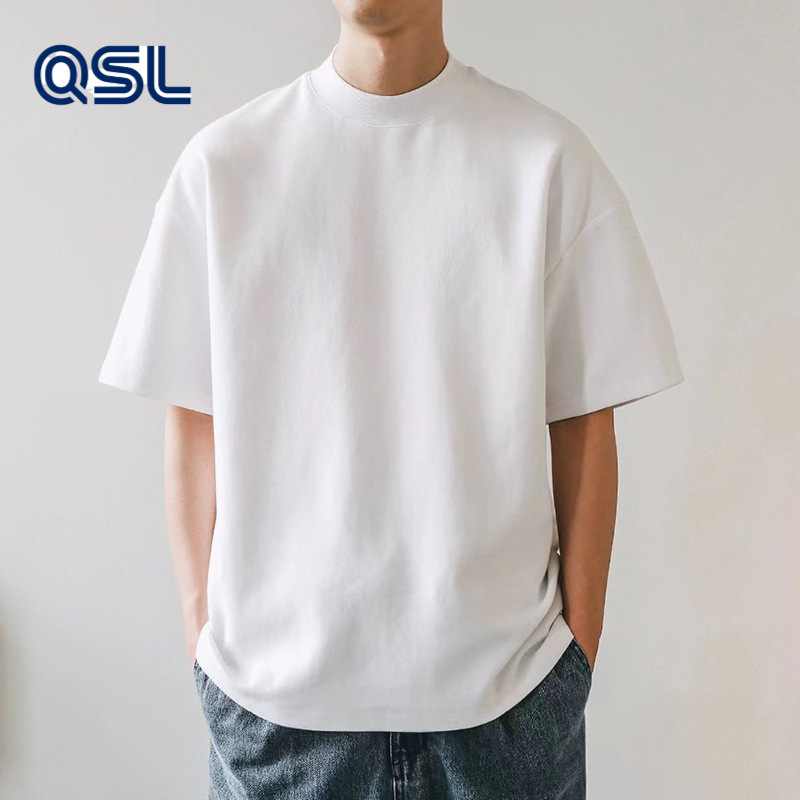 230g doble hilo americano pequeño cuello camiseta de manga corta de color sólido suelta caída de hombro media y larga primavera y otoño tendencia hip-hop