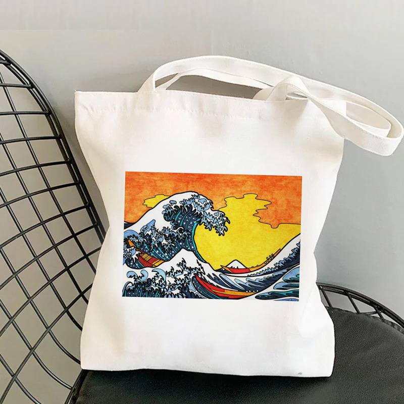 Comercio exterior transfronterizo Gran ola japonesa impresa bolsa de lona Harajuku bolsa de hombro bolsa de mano bolsa de compras en stock