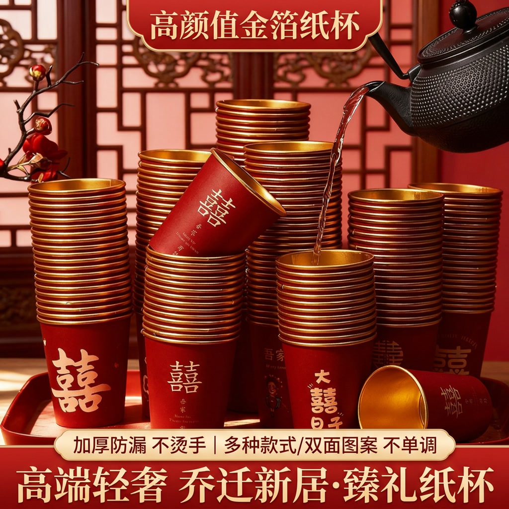结婚一次性纸杯喜字杯金箔纸杯婚礼加厚敬茶杯热饮结婚纸杯纸杯批