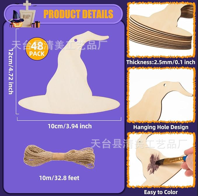 Nuevo producto creativo sombrero de bruja de Halloween sin terminar decoración pieza de madera niño de bricolaje pintura creativa decoración pieza de madera