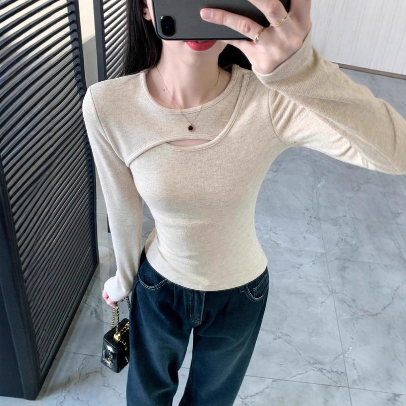 Women's Base Shirt Autumn and Winter Hollow Design 2025 New Hot Girl Long-Sleeved T-Shirt with Student Pure Color Top Trendy