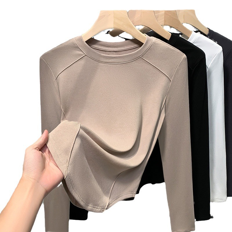 Blanco cuello redondo molido camiseta de mangas largas mujeres 2024 nuevo temperamento con camiseta de base universal blusa delgada image 6