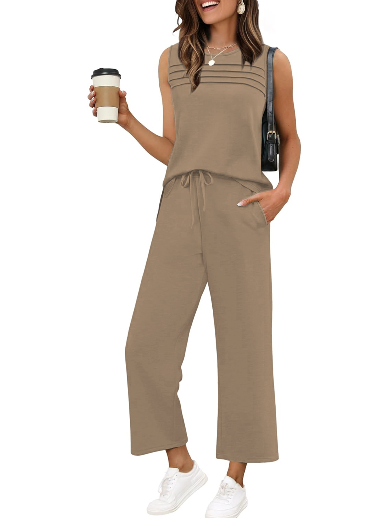 Sleeveless Hoodie & Pants Set For Women, Loose Fit Casual Jogger Outfit, Waffle Knit Cropped Top And Lounge Shorts Two Piece_ecoleips.com